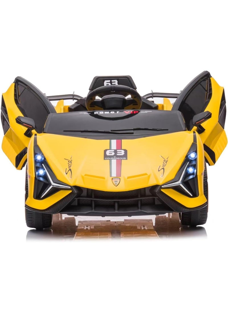 12V Electric Ride-On Car for Kids | Lamborghini Style Car with LED Lights, Music, Swing Mode, App Control, Double Doors (Yellow)