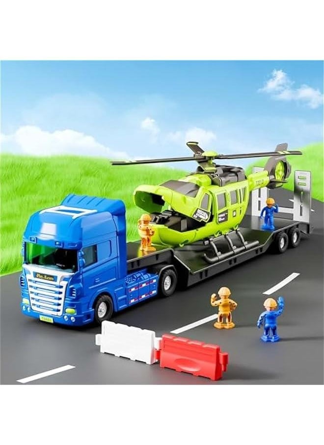 Kids Truck Trailer Toys, Toddler Vehicles Playset W/Helicopter, Wind up Windmill, STEM Construction Engineer Learning Educational Cool Toy, Birthday Gifts 3 4 5 6 7 Year Old Boys Girls