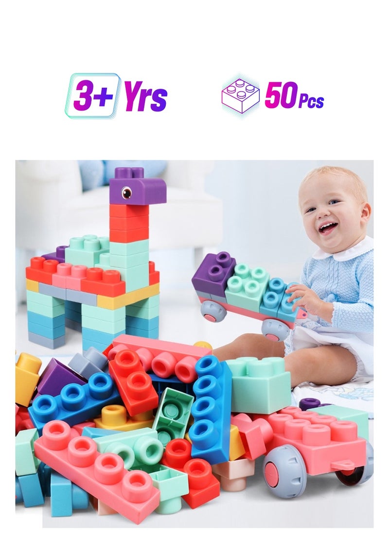 50 PCS Soft Rubber Building Blocks Set, Montessori Education Toy, STEM DIY Blocks for Early Development, 3D Boilable Bite-Resistant Teethers, Safe  Smooth Silicone Sensory Stacking Rock, Large Const