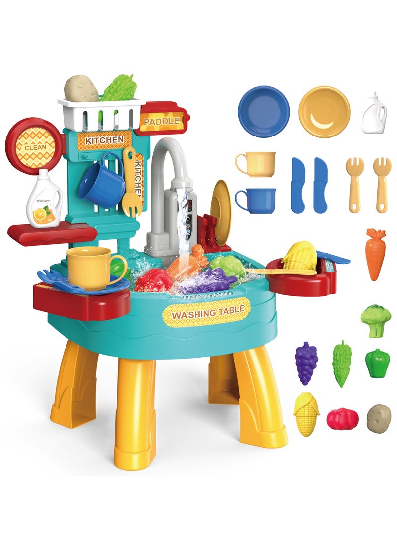 34 PCS Play Kitchen Water Table, Play Sink with Running Water, Toddler Toy Sink with Electric Faucet, Play Food  Kitchen Accessories, Kids Role Play Indoor Outdoor Water Toys for Boys Girls Gifts