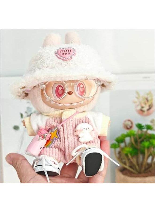 Clothes Suitable for Labubu cc Clothes Accessories(No Doll), Cute Outfit Suitable for 6.69inch (17cm) Doll Soft Clothing Replacement (PinkA+Shoes+Glasses(5Pcs Sets))