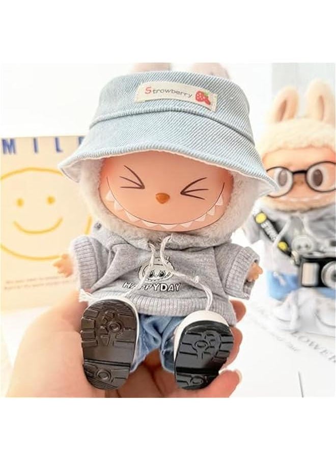 Clothes for Labubu Hoodie Clothes Accessories(No Doll), Cute Outdoor Outfit Suitable for 6.69inch (17cm) Doll Soft Clothing Replacement (Gray Sets+Shoes+hat)