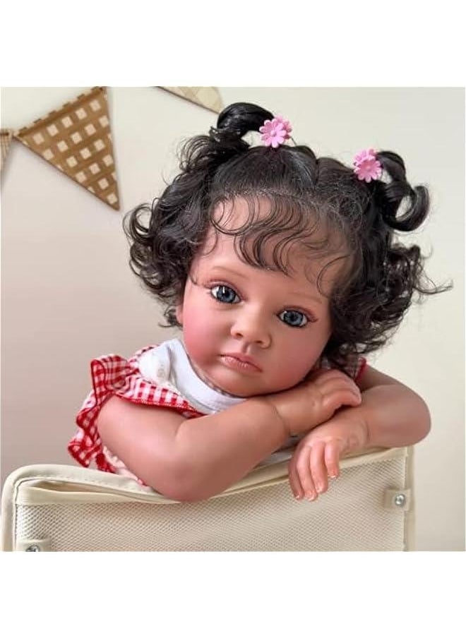 24Inches Realistic Reborn Toddler Dolls with Soft Weighted Cloth Body Real Life Newborn Baby Dolls in Dark Brown Skin Collectible Art Doll Birthday Gift Set for Girls