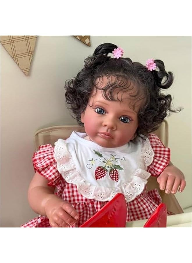 24Inches Realistic Reborn Toddler Dolls with Soft Weighted Cloth Body Real Life Newborn Baby Dolls in Dark Brown Skin Collectible Art Doll Birthday Gift Set for Girls