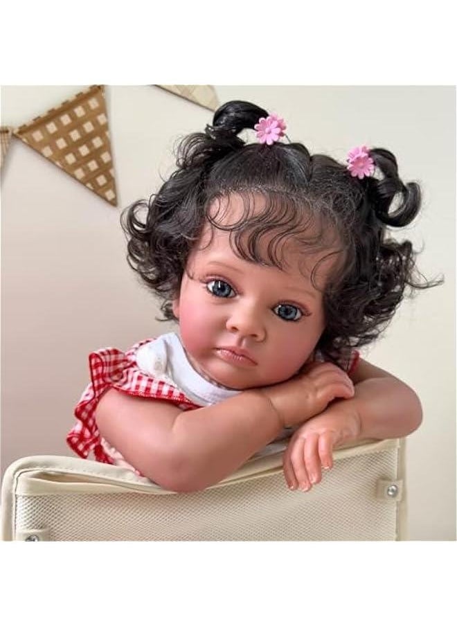 24Inches Realistic Reborn Toddler Dolls with Soft Weighted Cloth Body Real Life Newborn Baby Dolls in Dark Brown Skin Collectible Art Doll Birthday Gift Set for Girls
