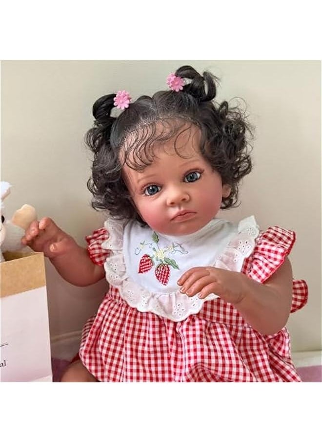 24Inches Realistic Reborn Toddler Dolls with Soft Weighted Cloth Body Real Life Newborn Baby Dolls in Dark Brown Skin Collectible Art Doll Birthday Gift Set for Girls