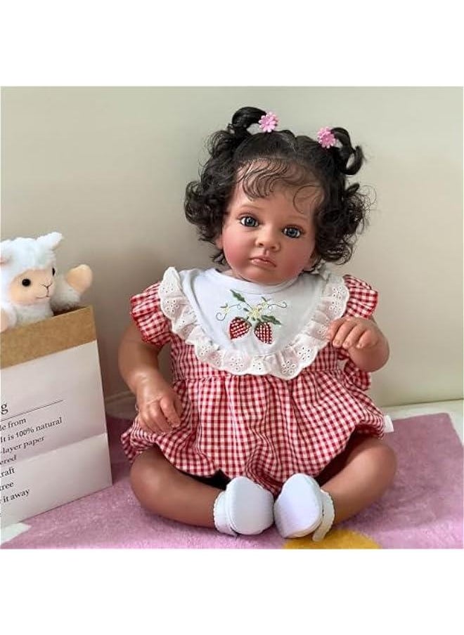 24Inches Realistic Reborn Toddler Dolls with Soft Weighted Cloth Body Real Life Newborn Baby Dolls in Dark Brown Skin Collectible Art Doll Birthday Gift Set for Girls