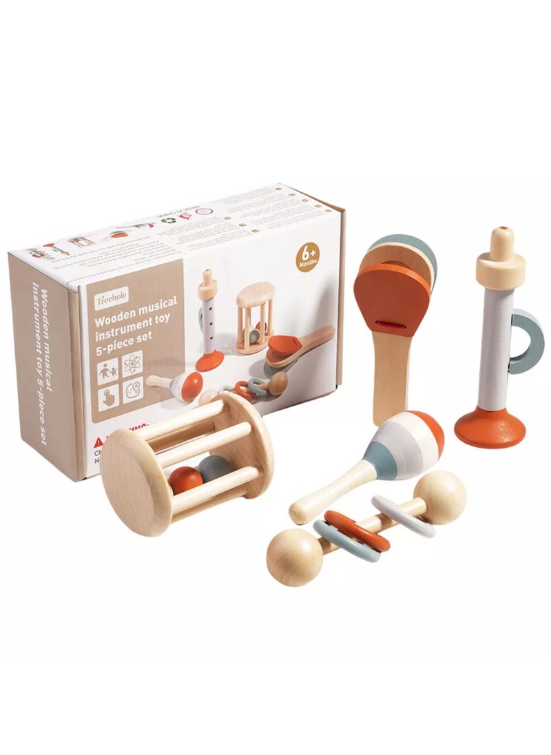 Montessori Wooden Toys for Baby, Wooden Baby Rattle Toys Set, 5pcs Wooden Music Alinstrument Toys with Trumpet, Maracas, Castanets, Three-Ring Rattle, Cage Rattles, Montessori Toys for Babies