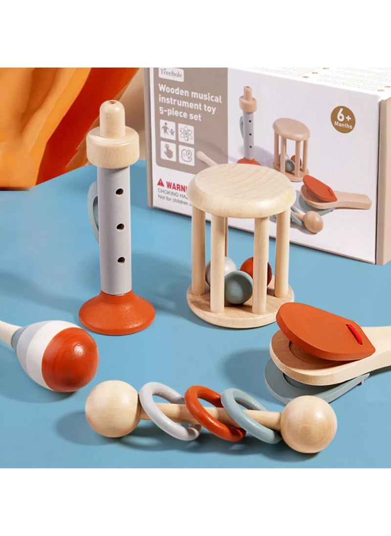 Montessori Wooden Toys for Baby, Wooden Baby Rattle Toys Set, 5pcs Wooden Music Alinstrument Toys with Trumpet, Maracas, Castanets, Three-Ring Rattle, Cage Rattles, Montessori Toys for Babies