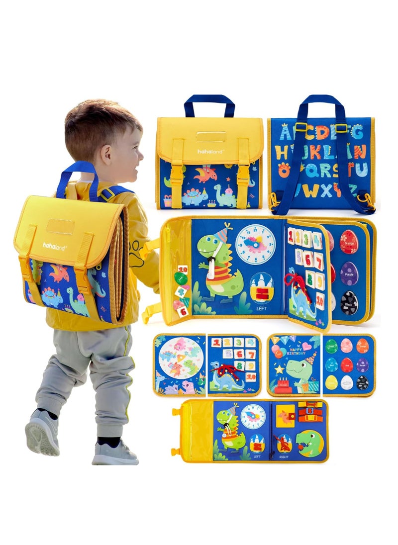 Felt Learning Board, Toddler Toys Busy Board, Early Childhood Schoolbag, Montessori Toys, Busy Book Sensory Toys, Dinosaur Theme, 18 in 1 Preschool Learning Activities With 12 Life Skills, Blue