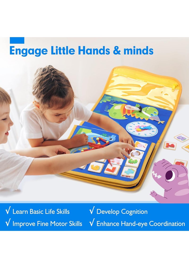 Felt Learning Board, Toddler Toys Busy Board, Early Childhood Schoolbag, Montessori Toys, Busy Book Sensory Toys, Dinosaur Theme, 18 in 1 Preschool Learning Activities With 12 Life Skills, Blue