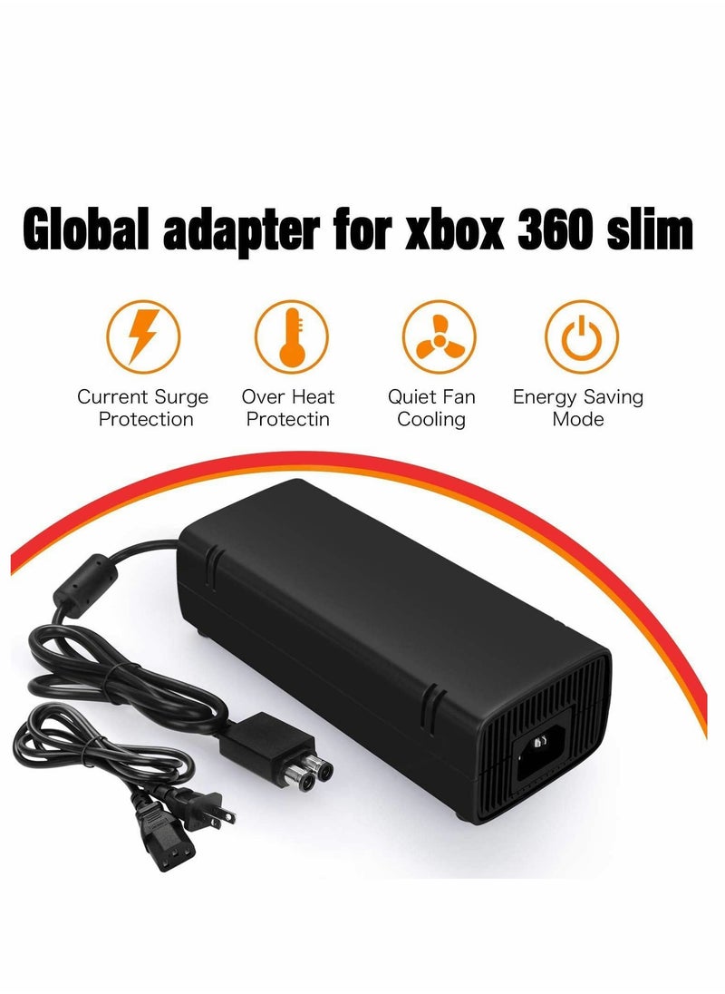 Power Supply Brick for Xbox 360 Slim,AC Adapter Power Cable Replacement Kit compatible with Xbox 360 Slim 360 S Auto Voltage100-240V