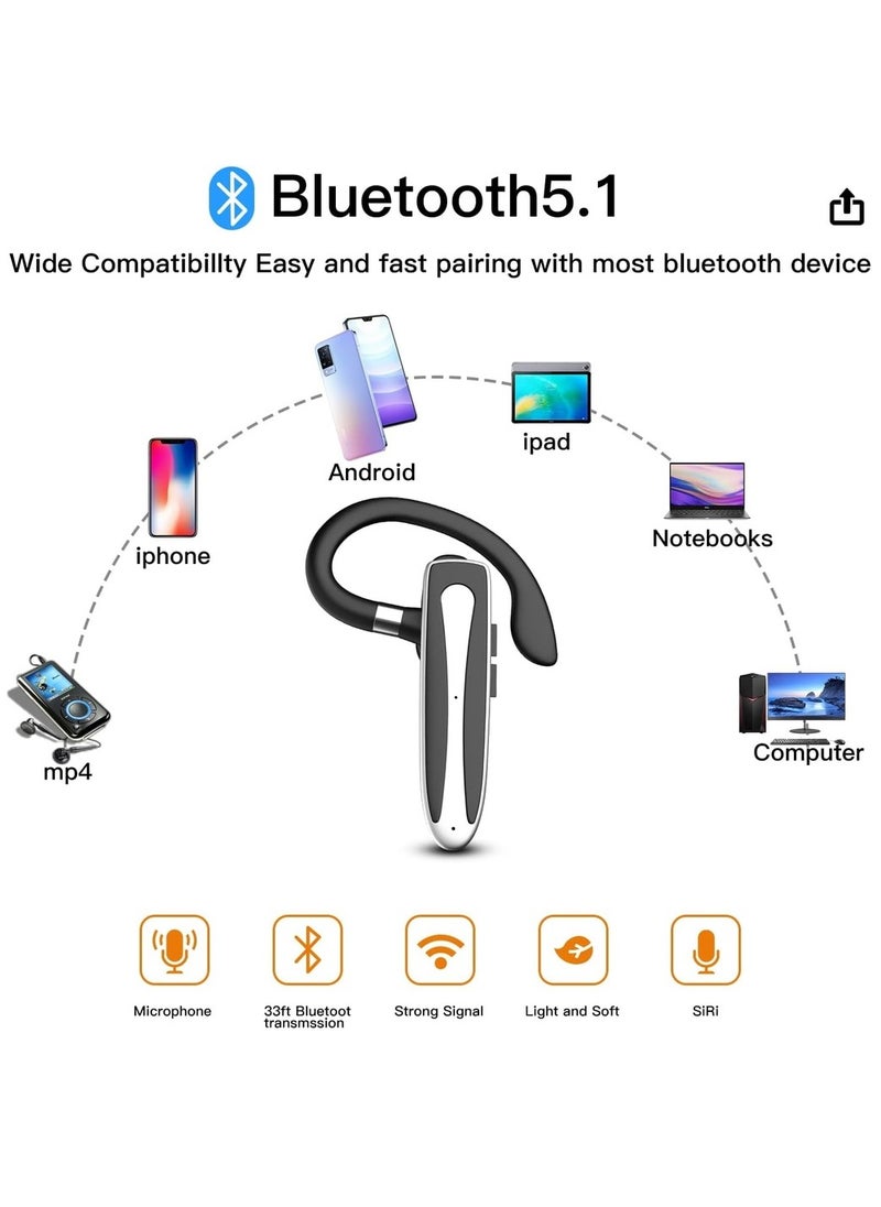 Bluetooth Headset For Cell Phone Wireless Bluetooth 5.1 Earpiece Single-Ear Headset Hands-Free Earphones For Office Driving Calling Compatible Android/iPhone.