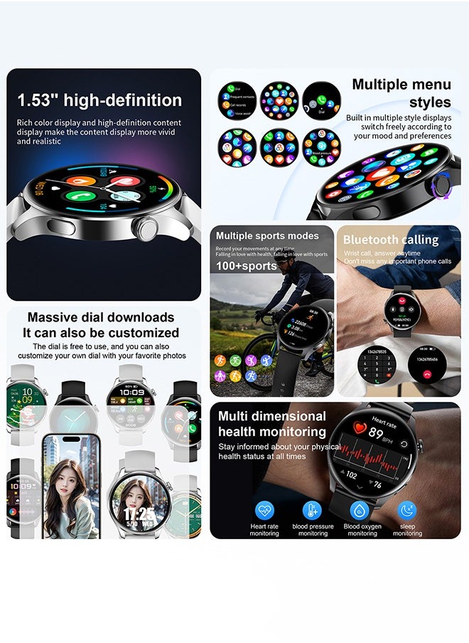 Smart Watch 1.53 inch men's and women's smart watches with Bluetooth for making/answering calls, fitness mode and sleep mode, multiple applications, information reminders, multiple languages, 280mAh