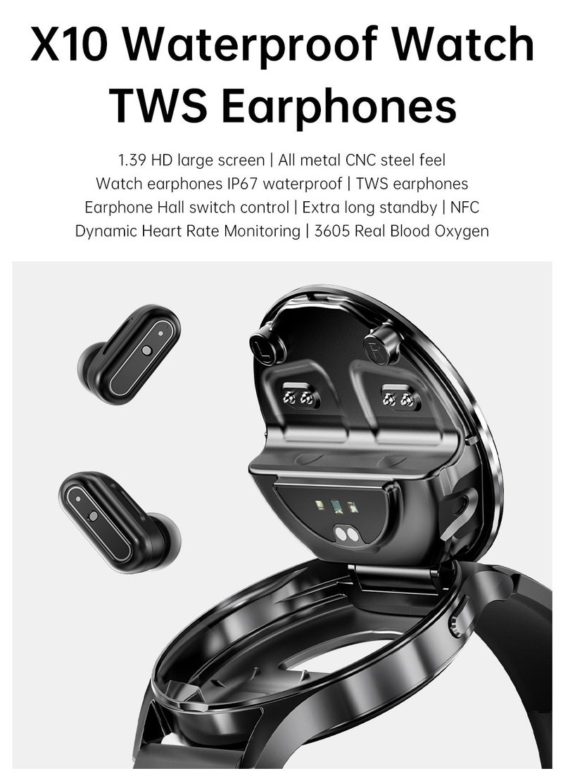 2-in-1 Smartwatch with TWS Bluetooth Earphones – Wireless Dual-Ear HD Calls, Music Playback, IP67 Waterproof, 1.39