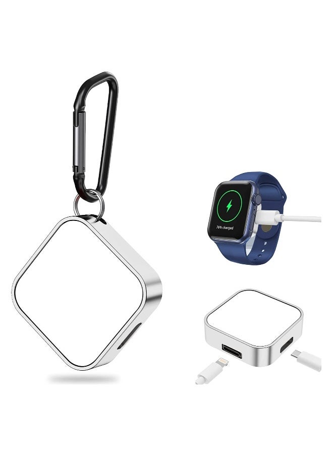 Magnetic Wireless Charger for Apple Watch Series 7/6/5/4/3/2/1/SE, Dual Port Mini Charger with USB Adapter, Fast Charging Keychain for Travel (Silver)