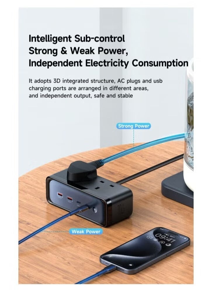 CH-459 6-in-1 Power Strip with 70W GaN Fast Charging – Compact Extension Socket with 3 AC Outlets, 2 USB-A & 1 USB-C Port | Smart Charging, Surge & Lightning Protection | Multi-Port Desktop Charger for Home, Office & Travel Use