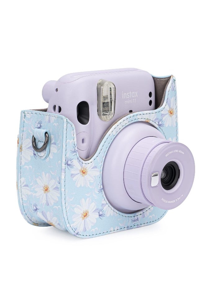 Protective  Portable Case Compatible with fujifilm instax Mini 11/ 9/ 8/ 8+ Instant Film Camera with Accessory Pocket and Adjustable Strap (Flowers Light Blue)