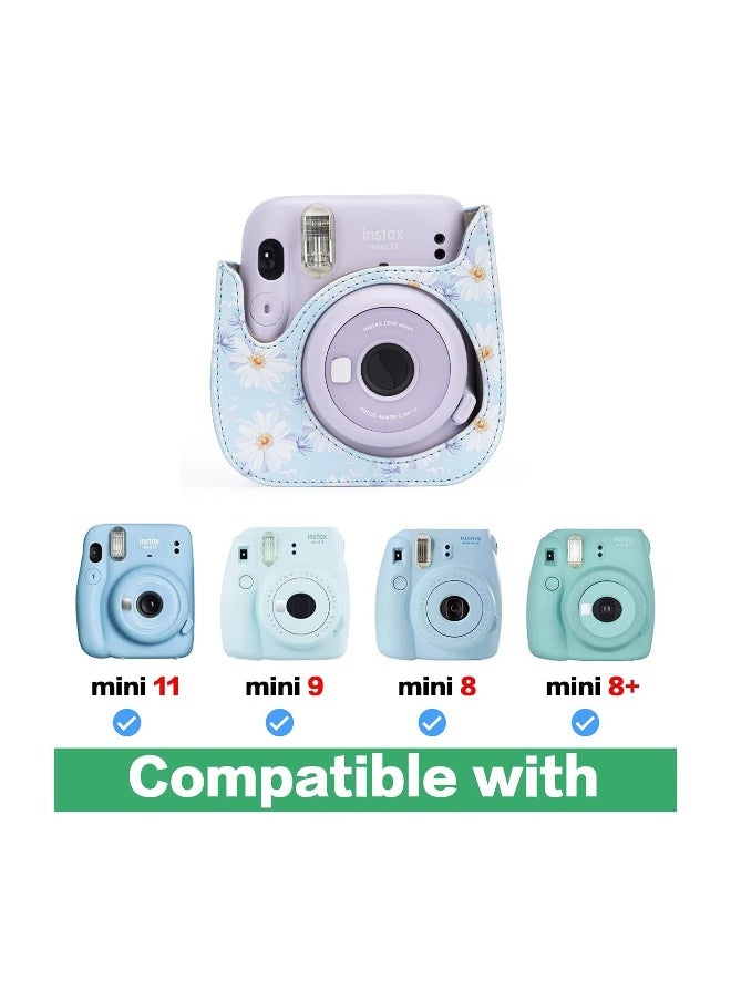 Protective  Portable Case Compatible with fujifilm instax Mini 11/ 9/ 8/ 8+ Instant Film Camera with Accessory Pocket and Adjustable Strap (Flowers Light Blue)