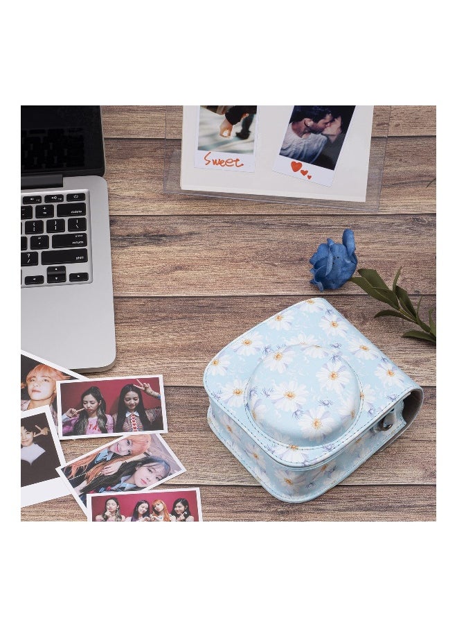 Protective  Portable Case Compatible with fujifilm instax Mini 11/ 9/ 8/ 8+ Instant Film Camera with Accessory Pocket and Adjustable Strap (Flowers Light Blue)