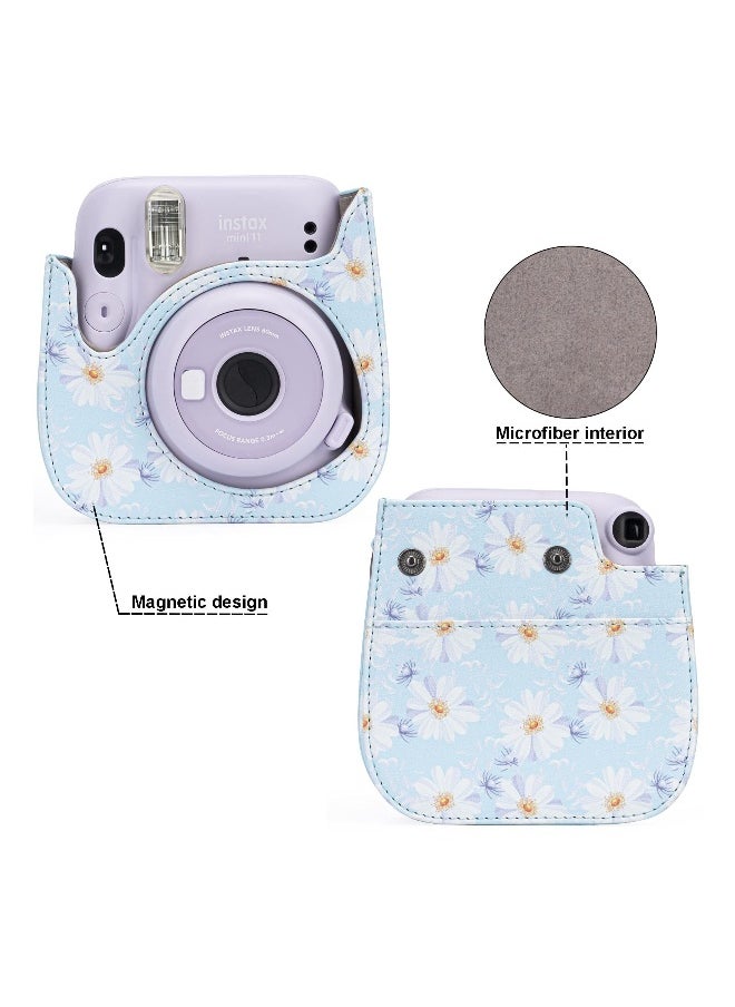 Protective  Portable Case Compatible with fujifilm instax Mini 11/ 9/ 8/ 8+ Instant Film Camera with Accessory Pocket and Adjustable Strap (Flowers Light Blue)