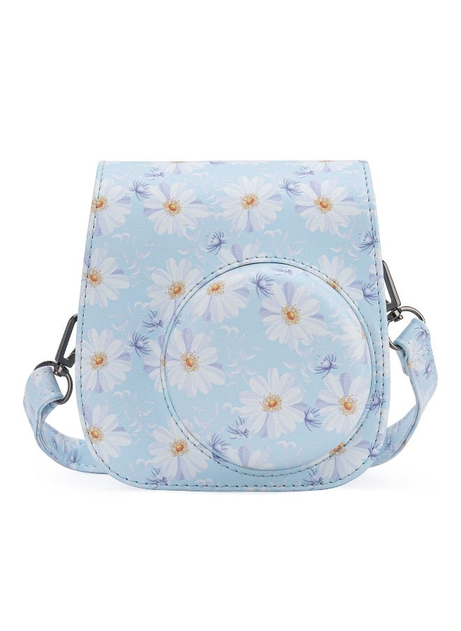 Protective  Portable Case Compatible with fujifilm instax Mini 11/ 9/ 8/ 8+ Instant Film Camera with Accessory Pocket and Adjustable Strap (Flowers Light Blue)