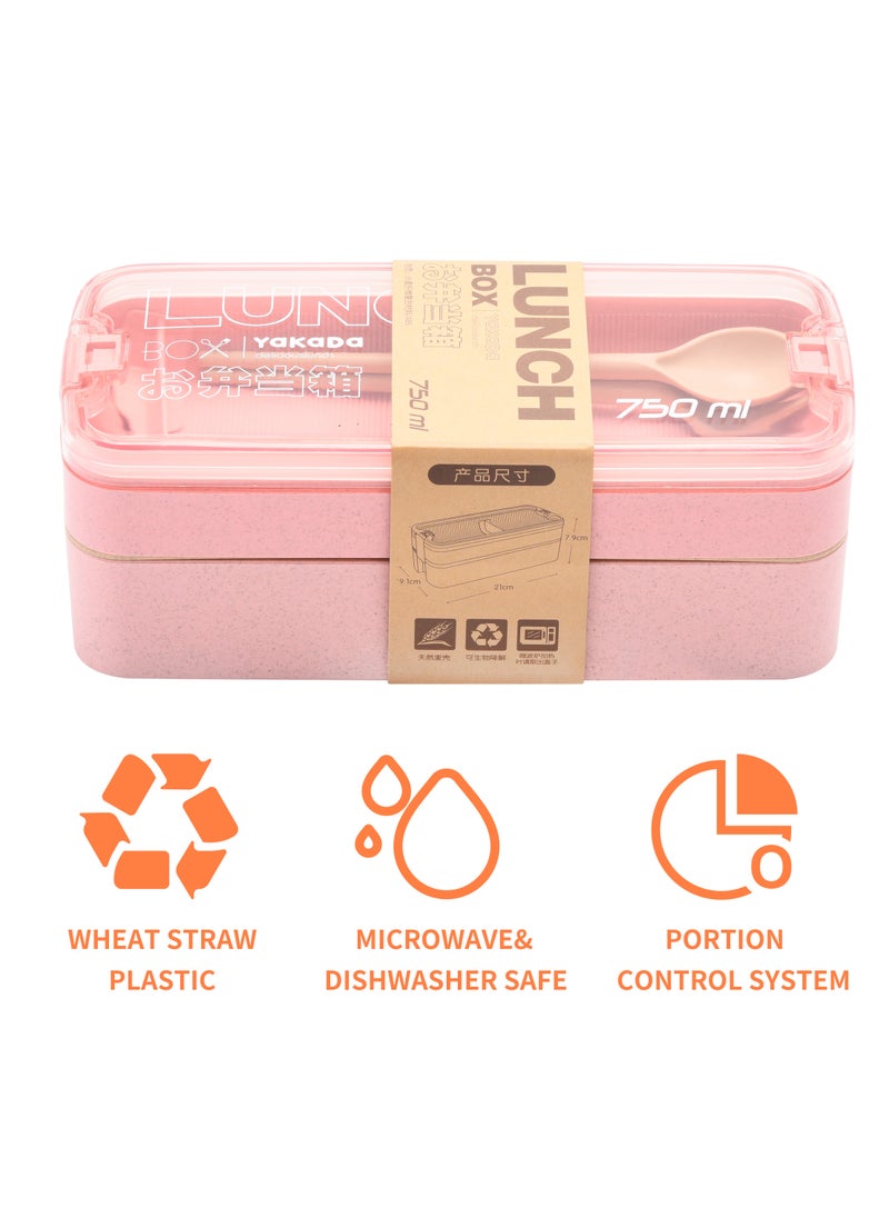 BPA Free Wholesale Selling 750ml Stackable Double Layers 2-In-1 Compartment Wheat Straw Leakproof Bento Lunch Box Containers For Women Office Portable Bento Pink