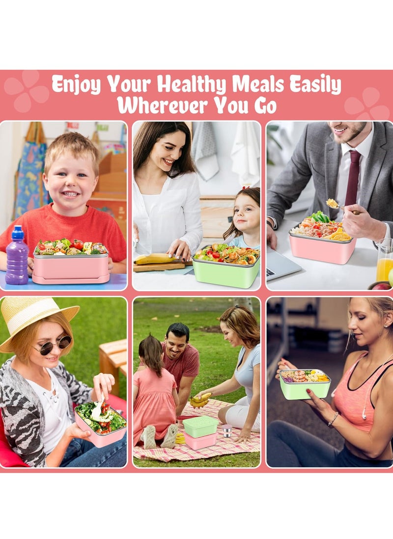 SYOSI 2 Pcs Stainless Steel Bento Lunch Box, 18oz Snack Containers with 2 Dip Container, Reusable Leakproof Lunch box for Kids/Adults, Stainless Steel Food Container for Work, School and Daycare