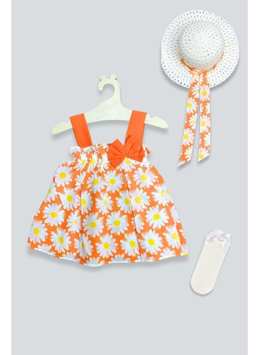Hat Orange Flower Dress Fishnet Socks Set