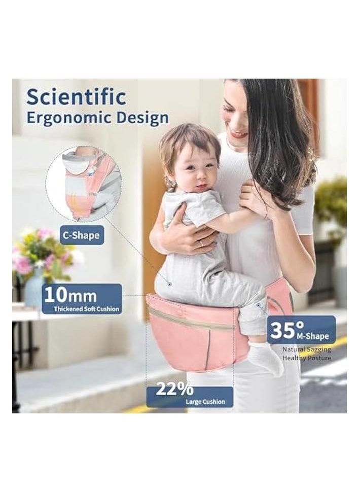 Baby Carrier with Hip Seat, Multifunctional Baby Strap Waist Carrier for walking, Shopping, Trip, Hiking - Adjustable Size & Suitable for 0-36 Months Baby (PINK)