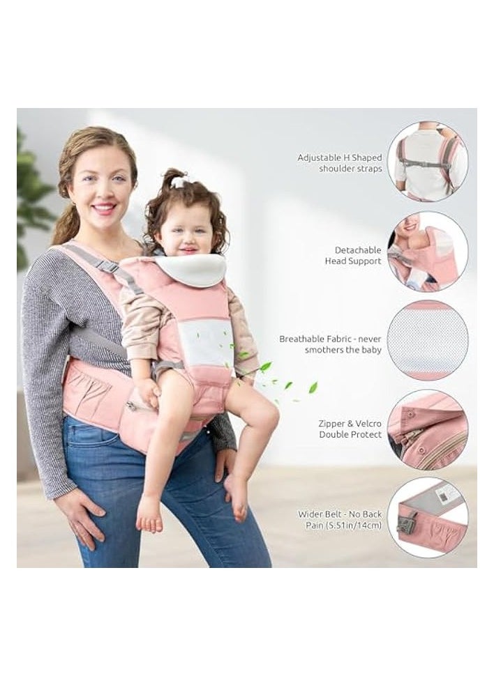 Baby Carrier with Hip Seat, Multifunctional Baby Strap Waist Carrier for walking, Shopping, Trip, Hiking - Adjustable Size & Suitable for 0-36 Months Baby (PINK)