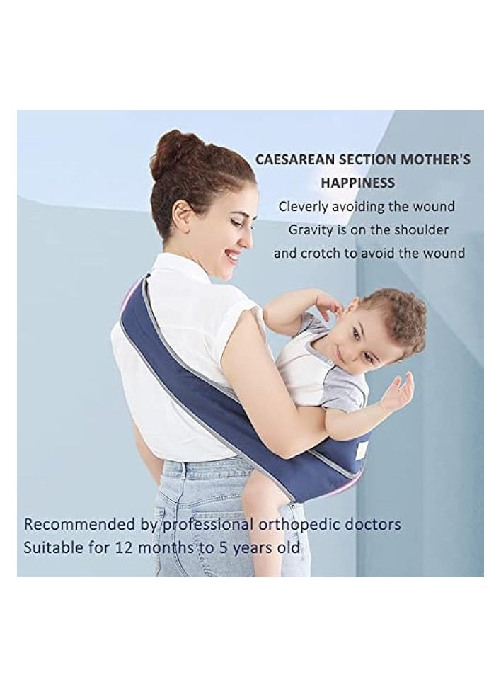Carrier, Portable Adjustable Child Sling, Ergonomic One Shoulder Labor Saving Polyester Half Wrapped Toddler Sling with Anti-Slip Particles, for Children 6-36 Months (Blue)