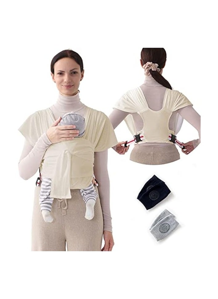 Baby Wrap Carrier Breathable Mesh Cool Summer Fabric Baby Carrier Easy to Wear Hands-Free Baby Carrier Moisture Wicking Soft Ideal for Newborns and Kids Under 50lbs (Beige)