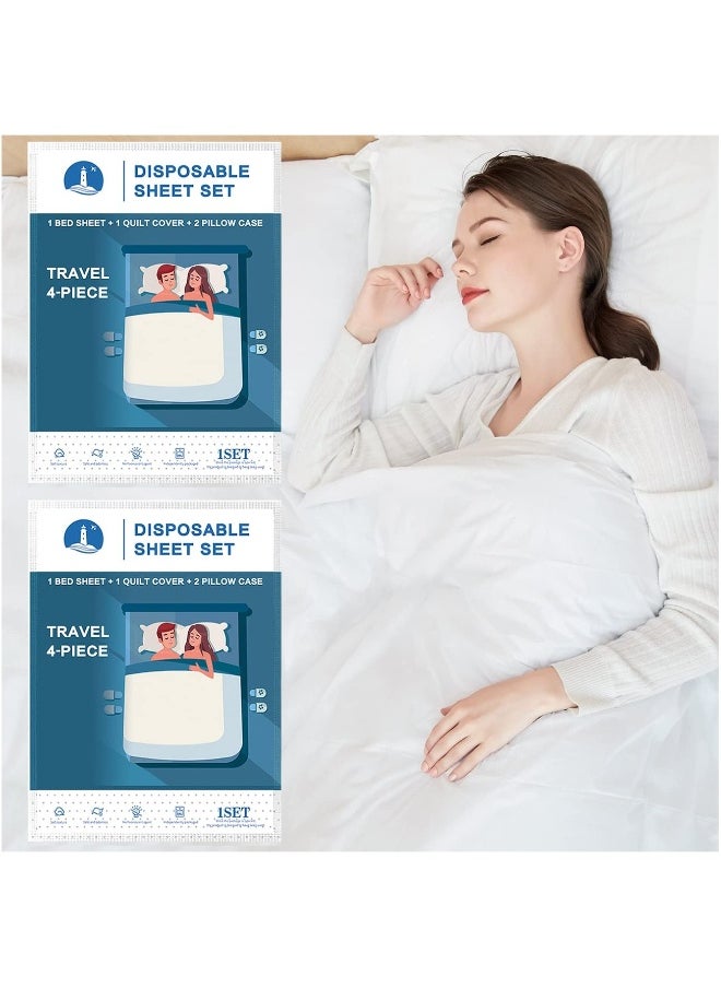 Two Sets of Disposable Bed Sheets, Quilt Cover and Pillow case Set for Travel, Portable Disposable Sheet Ready to use Disposable Bedding Set (Travel 4-Piece Double) 2 Sets