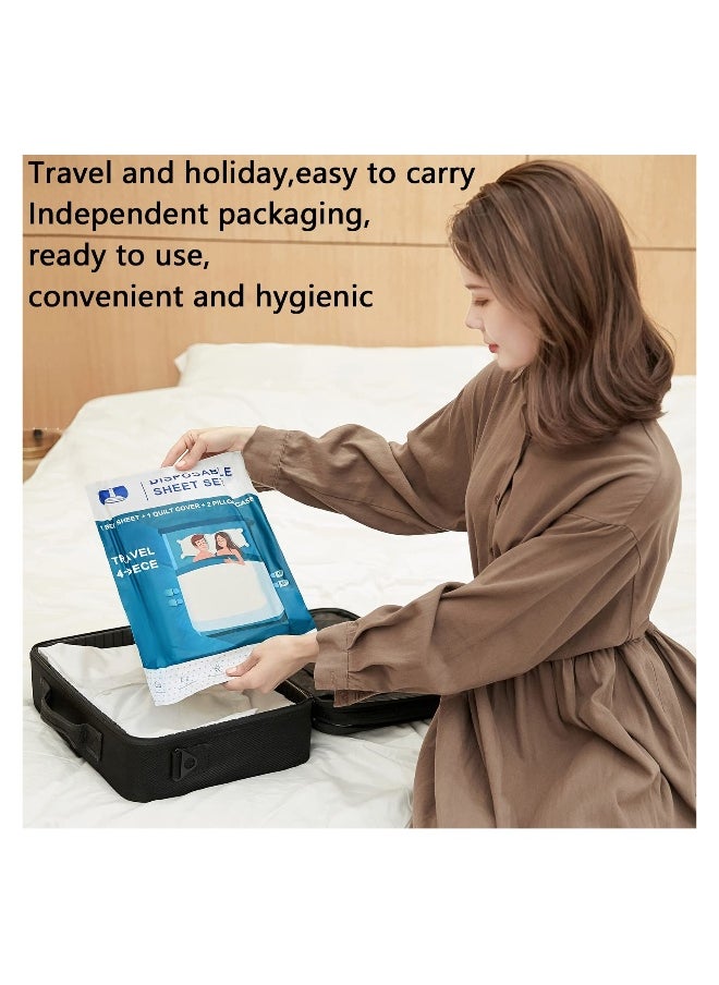 Two Sets of Disposable Bed Sheets, Quilt Cover and Pillow case Set for Travel, Portable Disposable Sheet Ready to use Disposable Bedding Set (Travel 4-Piece Double) 2 Sets