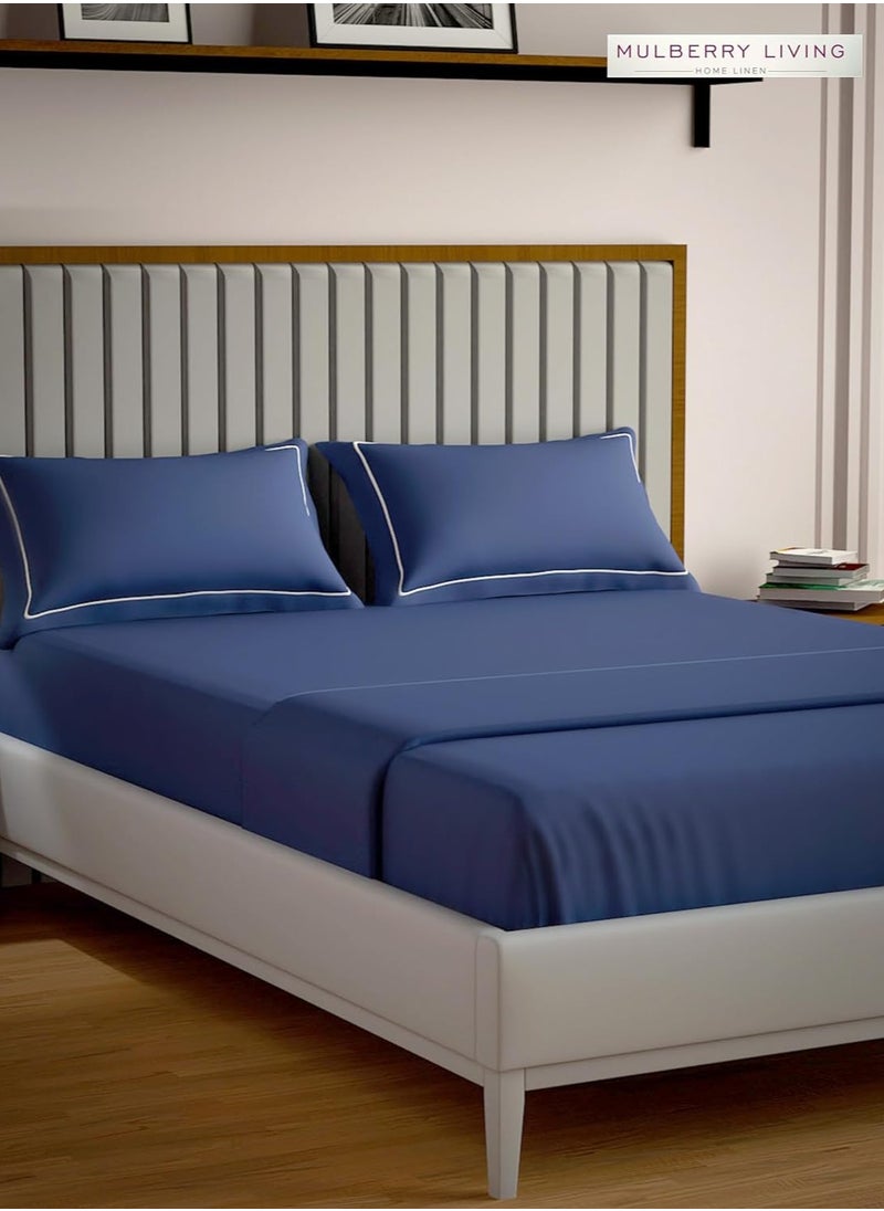Mulberry Living Serenity Solid Super King Size 250TC Bedsheet, Satin Weave, 100% Cotton - 108 x 108 Inches, Includes 2 Pillow Covers with White Marrowing-Navy Blue