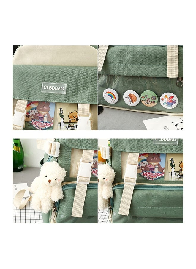4-Piece Kawaii Backpack Set with Bear Pendant - Cute Cartoon Canvas School Bag, Pencil Case, and Lunch Box Bag (Green) - Perfect for Kids and Students!