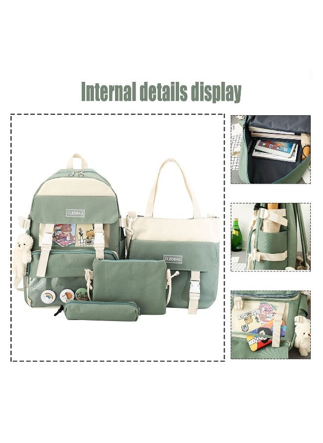 4-Piece Kawaii Backpack Set with Bear Pendant - Cute Cartoon Canvas School Bag, Pencil Case, and Lunch Box Bag (Green) - Perfect for Kids and Students!