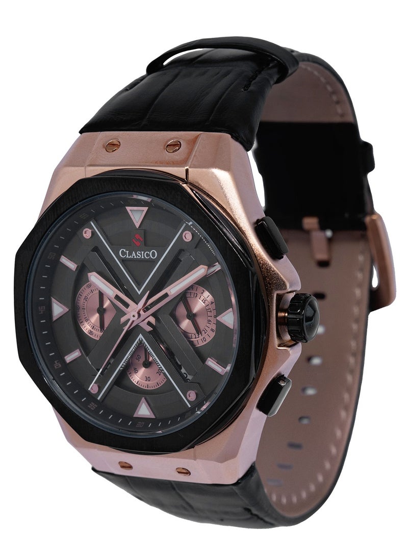 Grandeur 6-Hands Chronograph Watch – Gold & Obsidian Edition with Genuine Leather Strap – Elite Y121 Calibre Movement – Waterproof Design