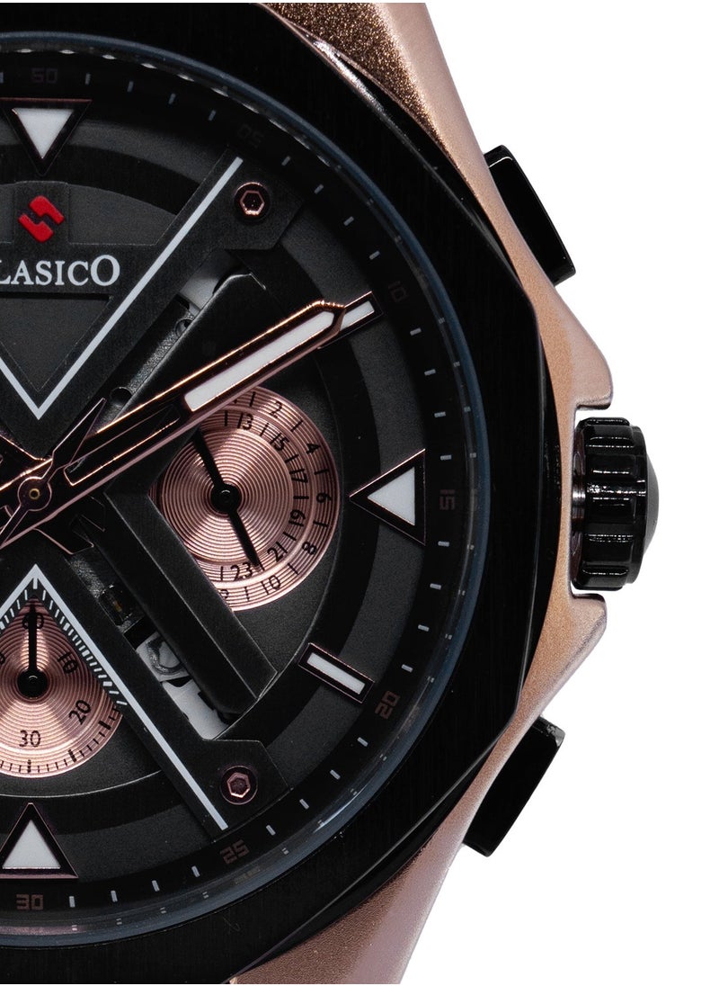 Grandeur 6-Hands Chronograph Watch – Gold & Obsidian Edition with Genuine Leather Strap – Elite Y121 Calibre Movement – Waterproof Design
