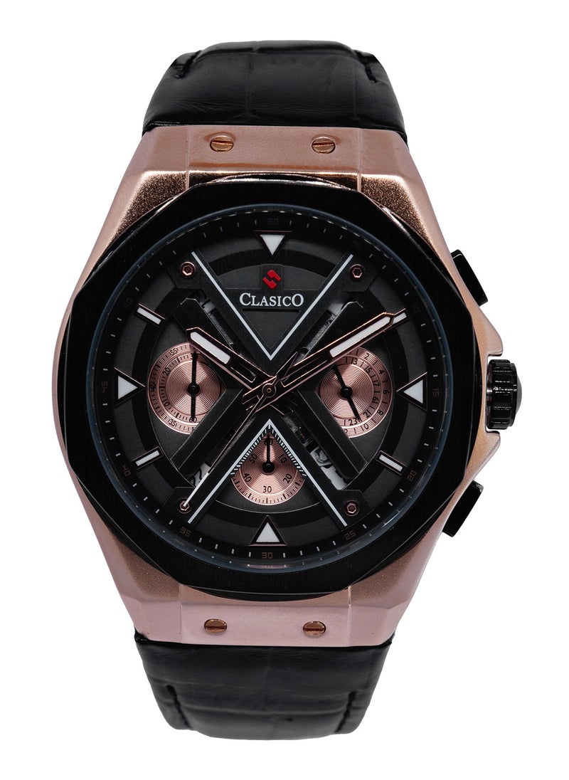 Grandeur 6-Hands Chronograph Watch – Gold & Obsidian Edition with Genuine Leather Strap – Elite Y121 Calibre Movement – Waterproof Design