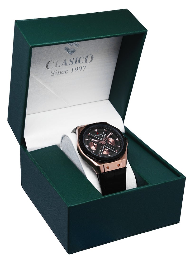 Grandeur 6-Hands Chronograph Watch – Gold & Obsidian Edition with Genuine Leather Strap – Elite Y121 Calibre Movement – Waterproof Design