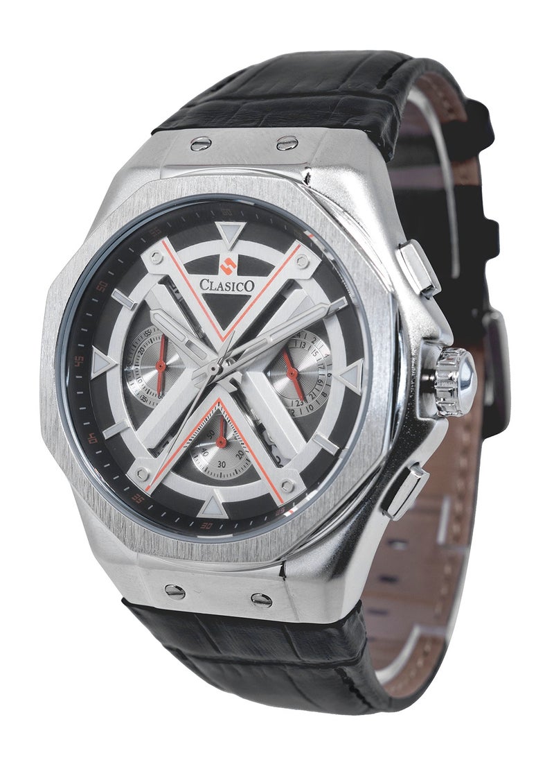 Grandeur 6-Hands Chronograph Watch – Silver Steel Chronograph Edition with Genuine Leather Strap – Elite Y121 Calibre Movement – Waterproof Design