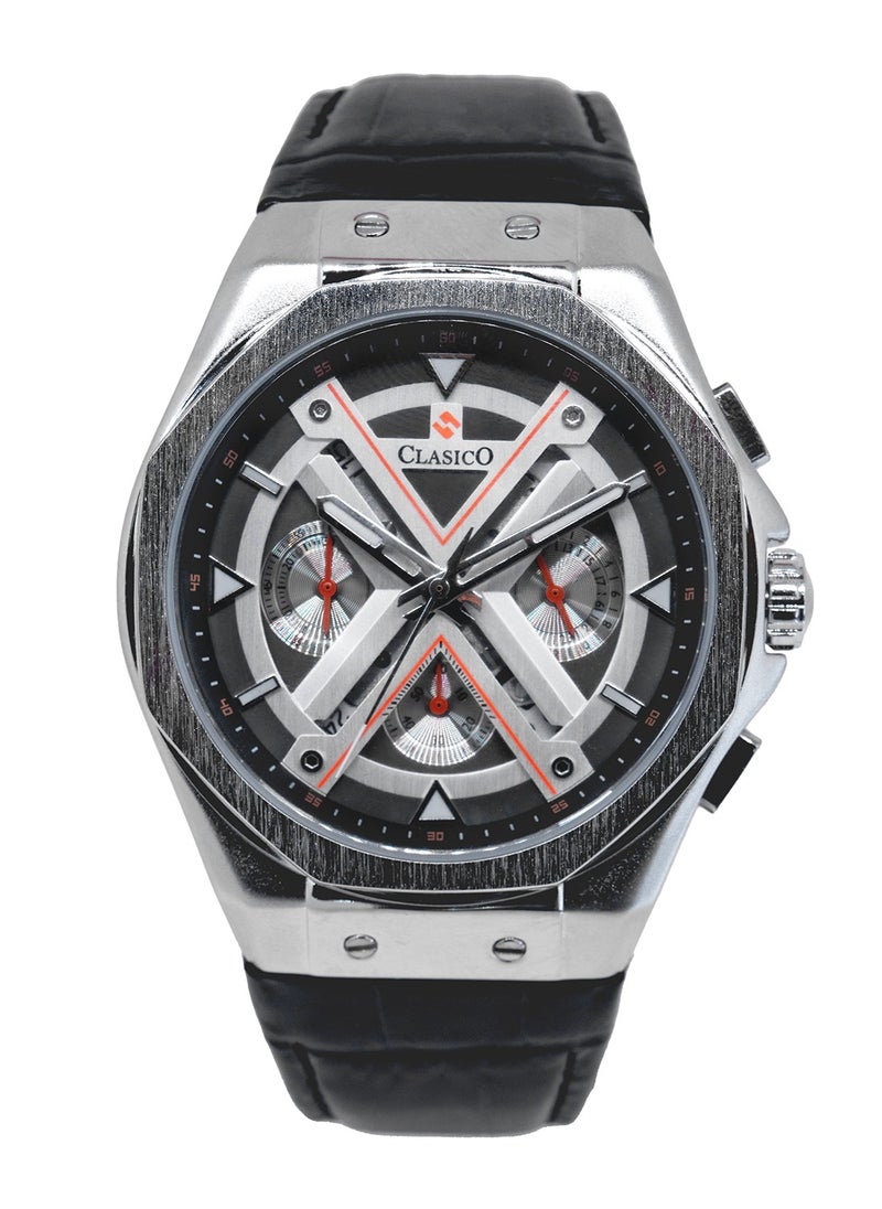 Grandeur 6-Hands Chronograph Watch – Silver Steel Chronograph Edition with Genuine Leather Strap – Elite Y121 Calibre Movement – Waterproof Design