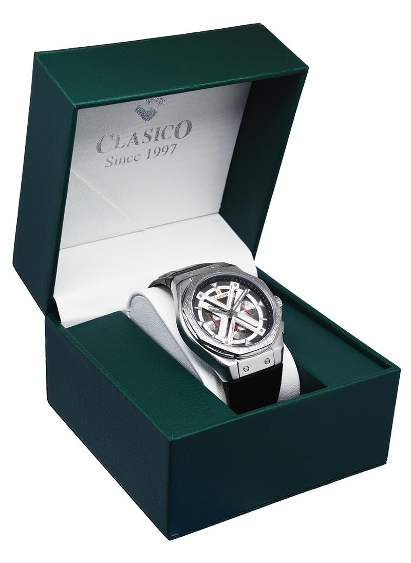 Grandeur 6-Hands Chronograph Watch – Silver Steel Chronograph Edition with Genuine Leather Strap – Elite Y121 Calibre Movement – Waterproof Design