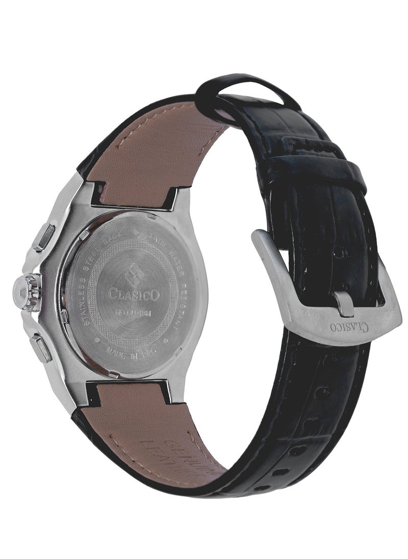 Grandeur 6-Hands Chronograph Watch – Silver Steel Chronograph Edition with Genuine Leather Strap – Elite Y121 Calibre Movement – Waterproof Design