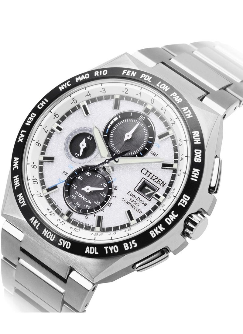 Eco-Drive Global Radio Controlled Mens Watch AT8238-84A – White Dial with Silver-Tone Markers, Super Titanium Case with Duratect Coating, World-Time Function, 43mm, Eco-Drive, Radio-Controlled, Sapphire Crystal