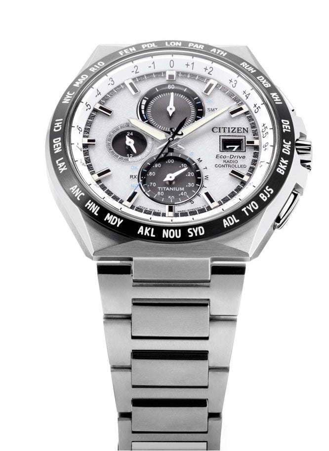 Eco-Drive Global Radio Controlled Mens Watch AT8238-84A – White Dial with Silver-Tone Markers, Super Titanium Case with Duratect Coating, World-Time Function, 43mm, Eco-Drive, Radio-Controlled, Sapphire Crystal