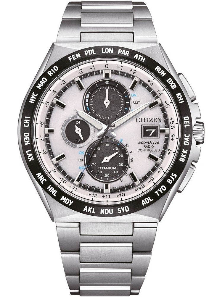 Eco-Drive Global Radio Controlled Mens Watch AT8238-84A – White Dial with Silver-Tone Markers, Super Titanium Case with Duratect Coating, World-Time Function, 43mm, Eco-Drive, Radio-Controlled, Sapphire Crystal