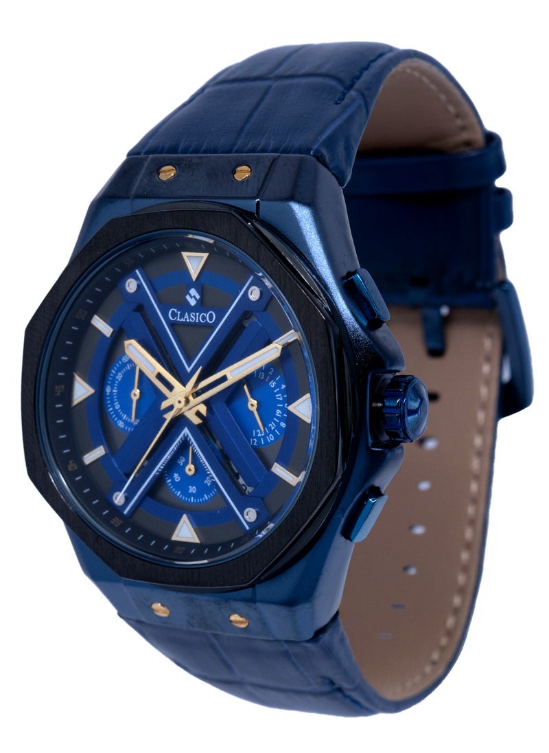 Grandeur 6-Hands Chronograph Watch – Royal Blue Chronograph Edition with Genuine Leather Strap – Elite Y121 Calibre Movement – Waterproof Design